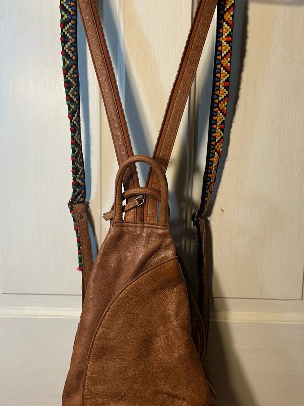 We The Free Brown Leather Convertible Backpack with Woven Accent Straps